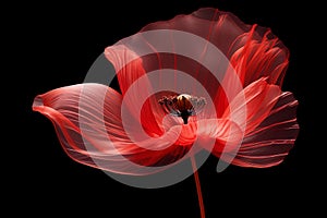 Stylized red poppy flower on black background. Remembrance Day, Armistice Day, Anzac day symbol