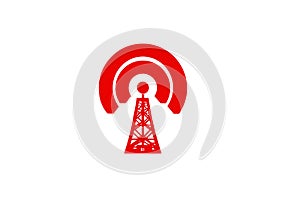 Stylized red wireless communication tower emitting radio waves on white background
