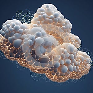 A stylized representation of cloud computing, abstract, flowing cloud-like forms made of glowing data points, again