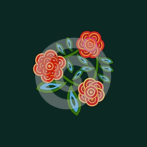 Stylized retro flowers peonies or roses in red green shades