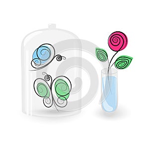 Stylized rose in transparent container with water and 2 butterflies under glass lid. Set of 2 parts