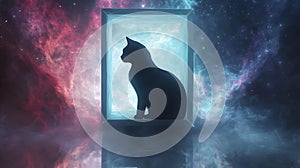 Stylized Schrodinger's Cat Half Transparent in Cosmic Box, No Text or People