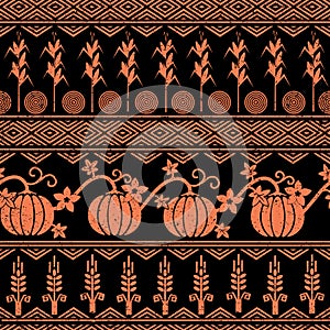 Stylized seamless background with wheat, corn, pumpkins, and native american indians symbols.