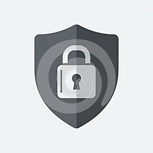 A stylized shield icon featuring a padlock symbol in the center. The shield is dark grey