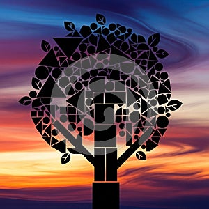 A stylized silhouette of a tree composed of various geometric shapes, including