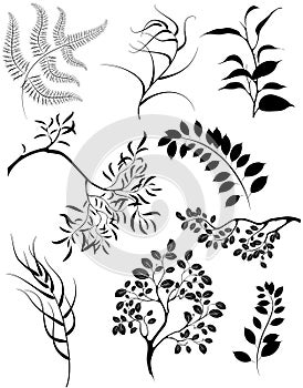 Stylized silhouettes of branches and decorative pl