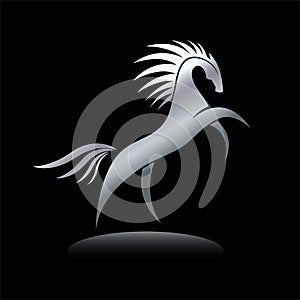 Stylized silver horse image on black background. Equine silhouette standing on its hind legs