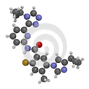 Stylized skeletal formula chemical structure: Atoms are shown as color-coded circles