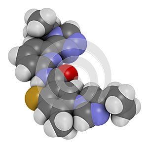 Stylized skeletal formula chemical structure: Atoms are shown as color-coded circles