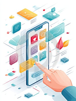 Stylized Smartphone Interface Interaction Highlighting User Engagement and Modern App Design Features