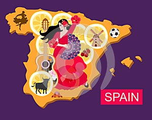 Stylized spain map with flamenco dancer girl, guitar, black bull, mill, football, pieces of lemon and toreador silhouette