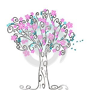 Stylized Spring Tree with Blooming Flowers