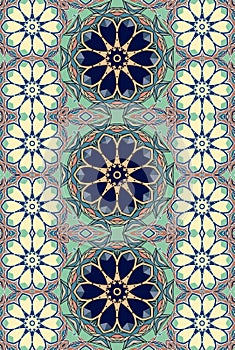 Stylized stained glass with lighty yellow and dark blue daisy flowers.