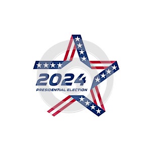 Stylized star with american flag colors and symbols. Presidential election 2024 in USA. Election voting poster. Start of Political