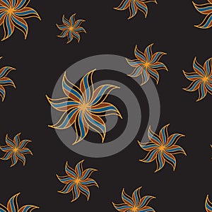 Stylized star anise seamless pattern. Dark background.