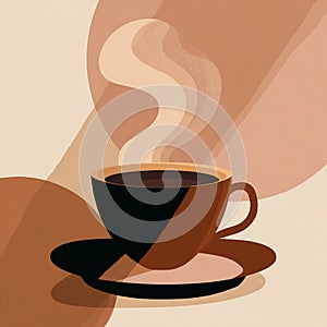 Stylized steaming coffee cup with abstract background, modern flat vector illustration.