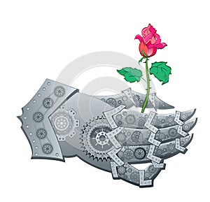 Stylized Steampunk hand giving flower. Artificial Intelligence. High tech digital technology. Abstract background. Greeting card.