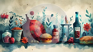 Stylized still life illustration with whimsical elements and food., Generated AI