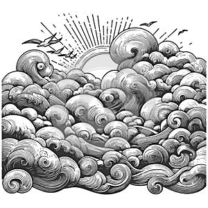 Stylized Sun Clouds Engraving Illustration raster