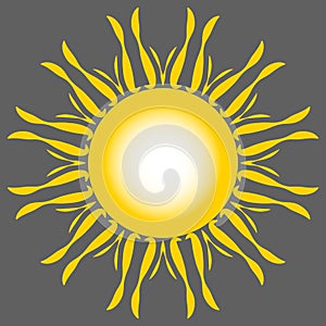 Stylized sun logo. Beautiful design yellow sun on grey. Bright sun rays sunburst sunbeams as summer symbol. Vintage