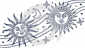Stylized Sun and Moon Faces with Stars, Celestial Harmony and Balance, vector design Generative AI