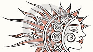 Stylized sun with profile face and wavy, hair,like rays vector design Generative AI photo