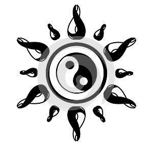 Stylized sun with tao, taoism, black and white, isolated.