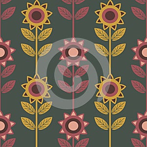 Stylized sunflower seamless vector pattern background. Vintage retro color flowers backdrop. Earthy geometric botanical