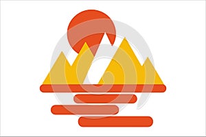 Stylized sunset over abstract mountain landscape silhouette on vector white background