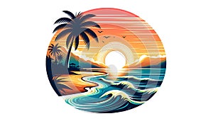 A stylized sunset scene featuring a tropical beach within a circular frame. The sky i