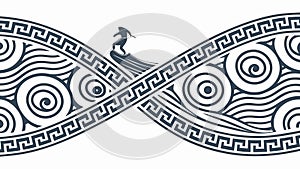 Stylized surfer on a tribal pattern wave, vector design Generative AI