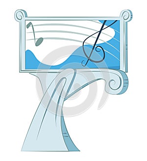 Stylized treble clef on blue ocean wave background, classic music stand. Abstract music concept, melody symbol, sea