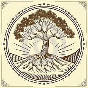 Stylized Tree of Life Emblem with Roots and Sun Rays in Vintage Circle