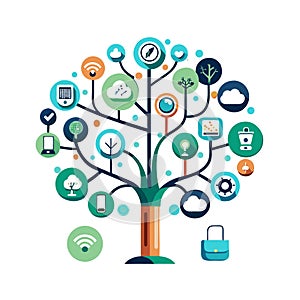 Conceptual Vector Tree of Technology Icons Representing Connectivity and Growth