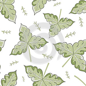 Stylized trio of oak leaves and sprigs vector seamless pattern background. Green white hand drawn leaf design in arts