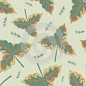 Stylized trio of oak leaves and sprigs vector seamless pattern background. Hand drawn leaf design in arts crafts style