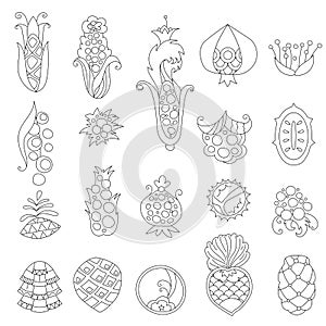Stylized tropic fruits. Objects isolated on white background. Black and white contour monochrome illustration.  Coloring book