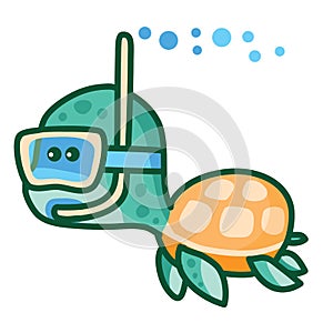 Stylized turtle swims underwater in a mask and with a snorkel in his mouth, cartoon illustration, isolated object on a white