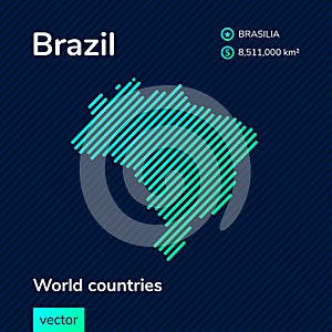 Stylized vector flat map of Brazil in neon green colors on striped dark blue background.