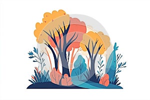 Stylized vector illustration of a forest scene with vibrant colors on a white background