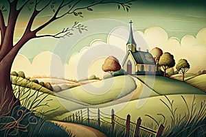 Stylized Vector Illustrations of Church Hill and Redneck Country Roads Amidst Farm Lands and Springtime Delight