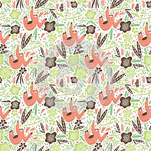 Stylized vector sloth, branch, leaves and fruits vector composition