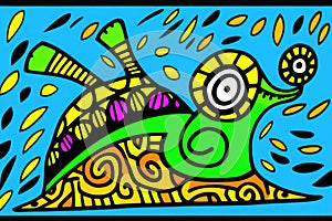 Stylized vibrant artwork of a green snail with intricate patterns, set against a dynamic blue background perfect for quirky decor