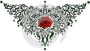 Stylized Victorian Gothic ornament with red rose