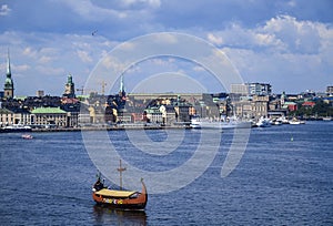 Stylized Viking ship Drakkar on the Stockholm background, Sweden