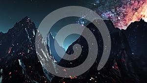 Stylized VJ looping 3D animation with mountains, space and high speed flythrough photo