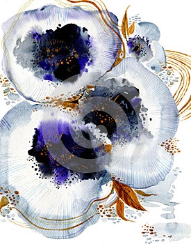 Stylized watercolor anemone flowers. White, black and gold colors. Hand drawn painted illustration