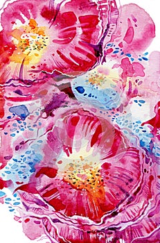 Stylized watercolor bright flowers. Abstract color painted illustration. Pink, blue and yellow colors