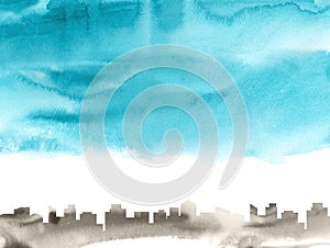 Stylized watercolor city skyline with industrial feel and watercolor texture