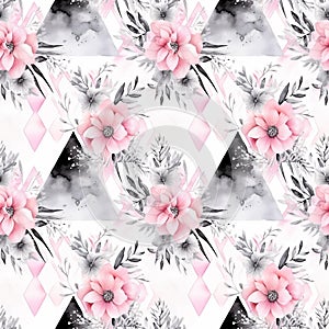 Stylized watercolor floral seamless pattern with geometric shapes and flowers